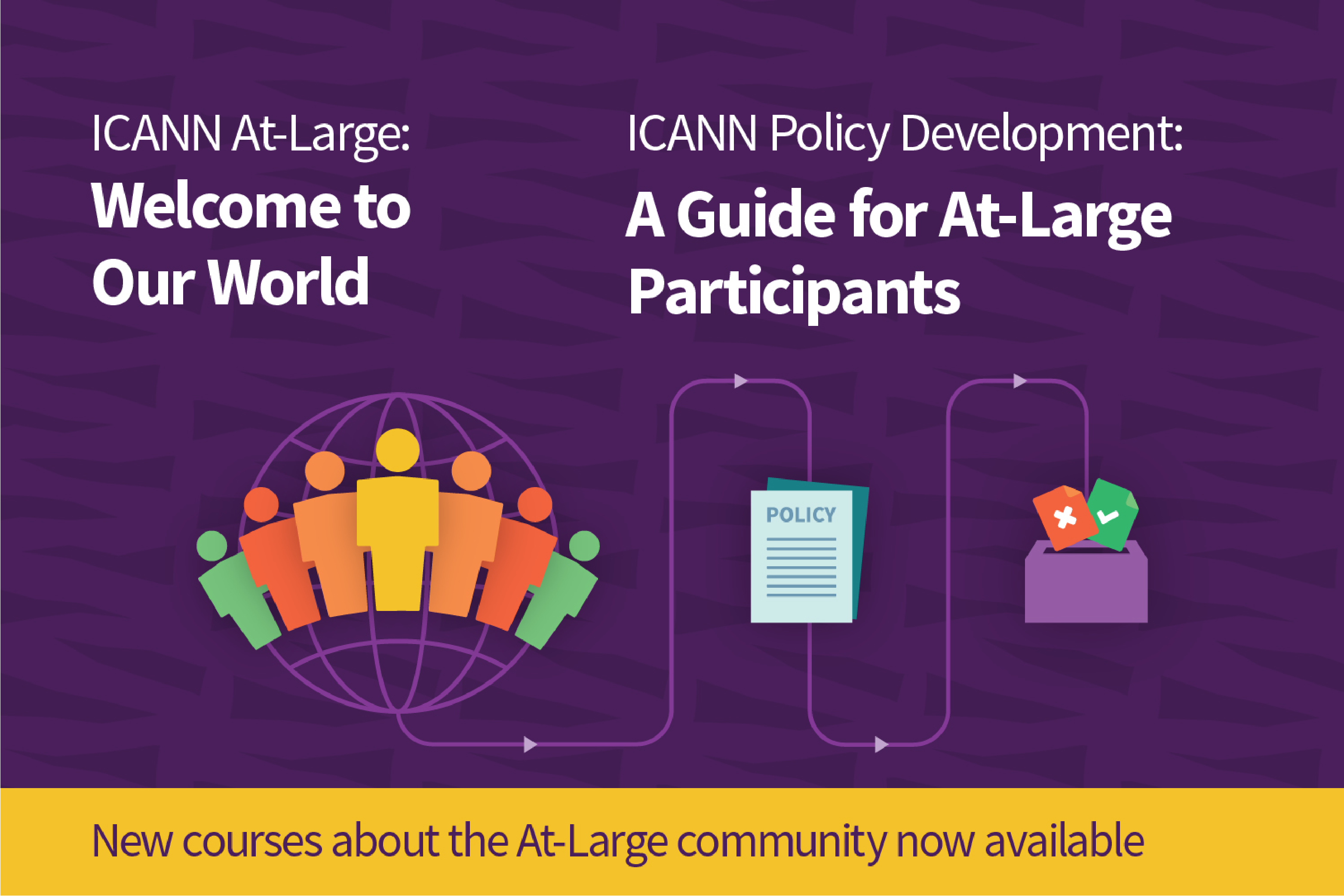 ICANN Learn now hosts two new courses about the At-Large community: ICANN At-Large: Welcome to Our World provides an introduction to the At-Large community. ICANN Policy Development: A Guide for At-Large Participants delivers a working knowledge of the ALAC policy advice development process and the various policy development opportunities for the At-Large community to join at ICANN.